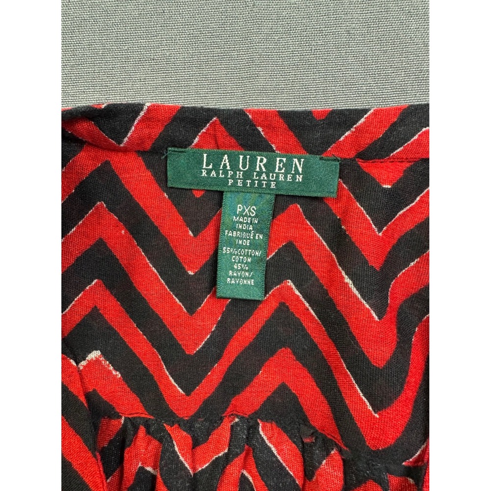Lauren Ralph Lauren Petite Red Black Chevron Drawstring Tunic Blouse PXS NWT